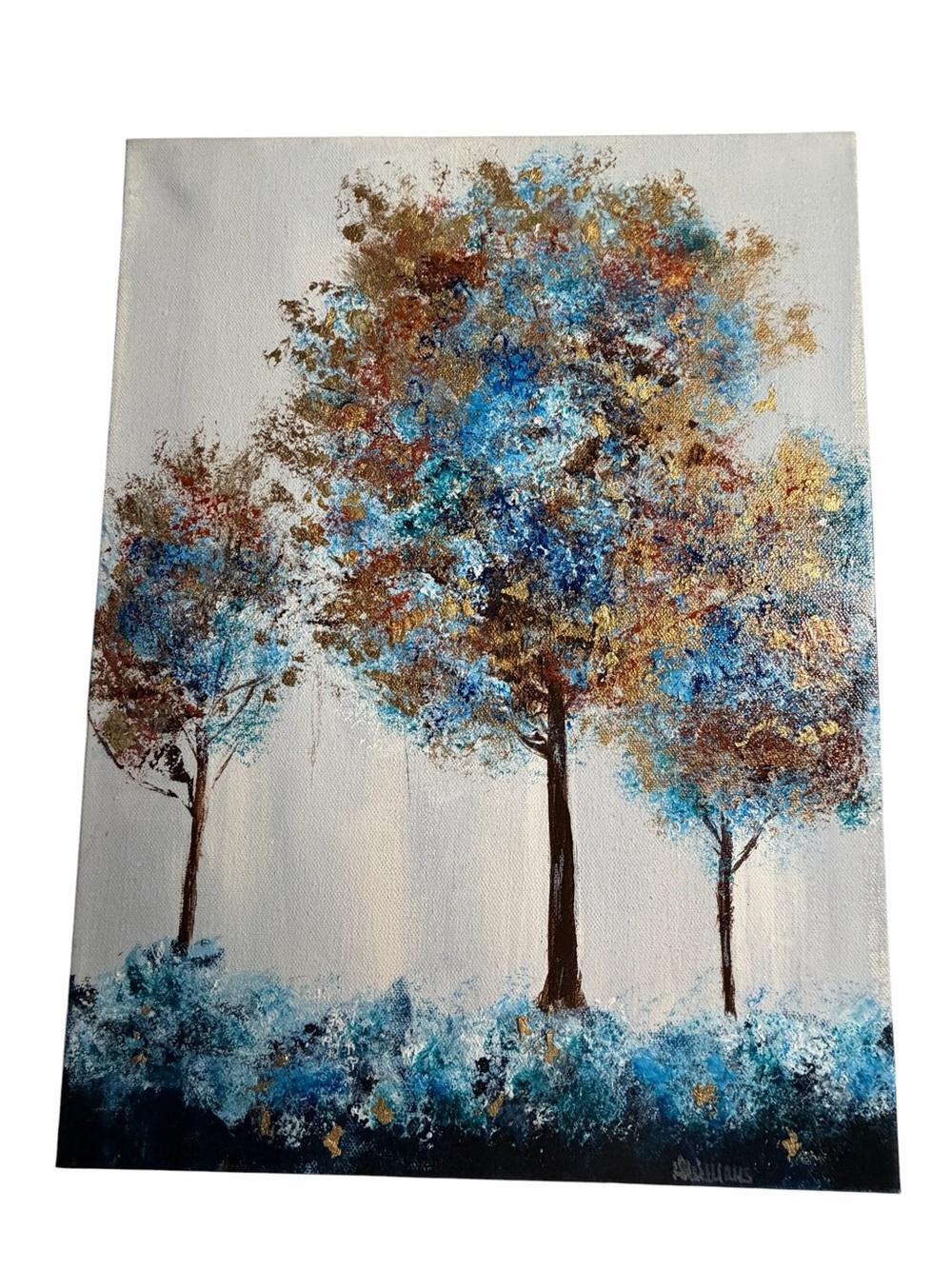 New Original Acrylic Canvas Art Trees in Blue and Gold 12" x 16" - Picture 3 of 14